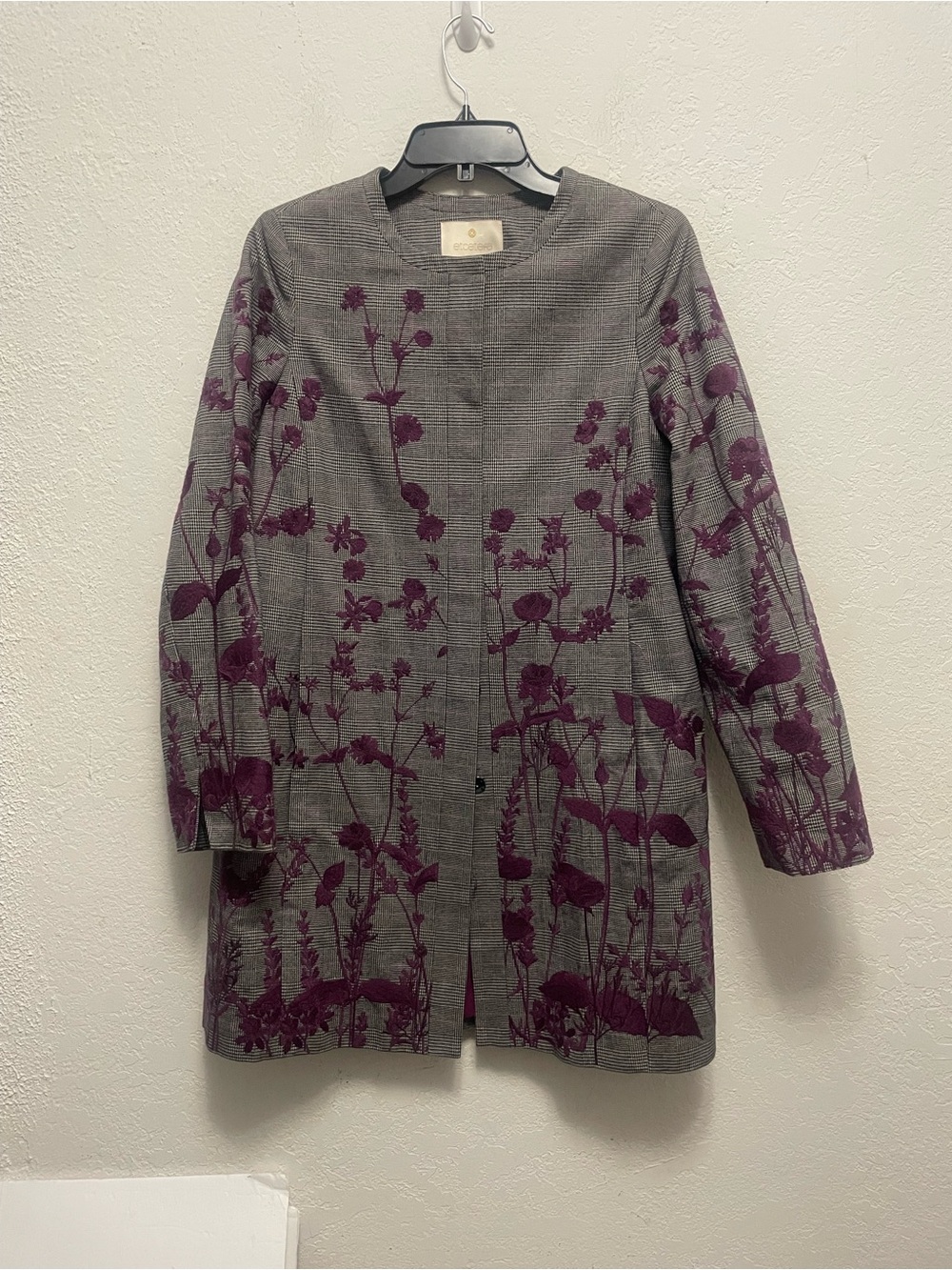Vtg. ETCETERA Jacket Blazer Black Houndstooth Purple Embroidery Sz 4 Boho Indie